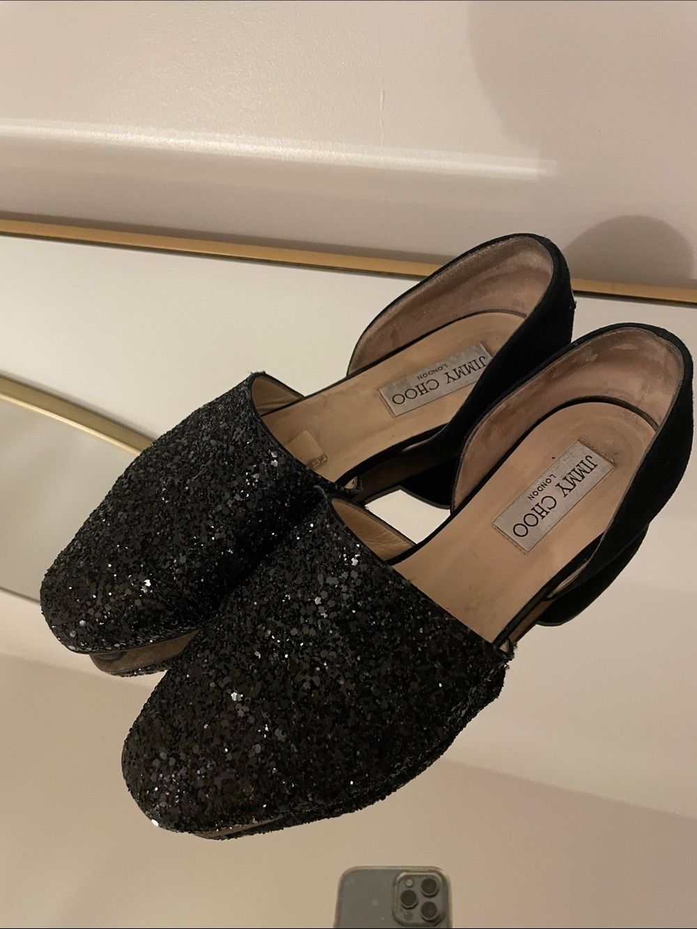 Jimmy Choo Black Glitter D'Orsay Flats Size 36